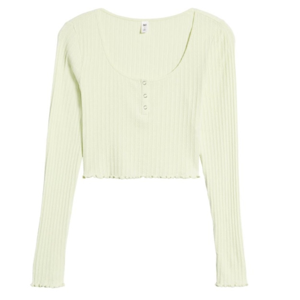 BP Lime Cropped Long Sleeve Ribbed Henley Top Size Medium - Picture 3 of 8